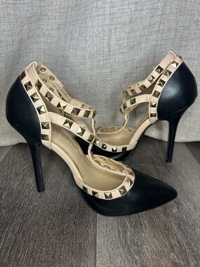 Wild Diva Black and Nude Studded T-Strap High Heels